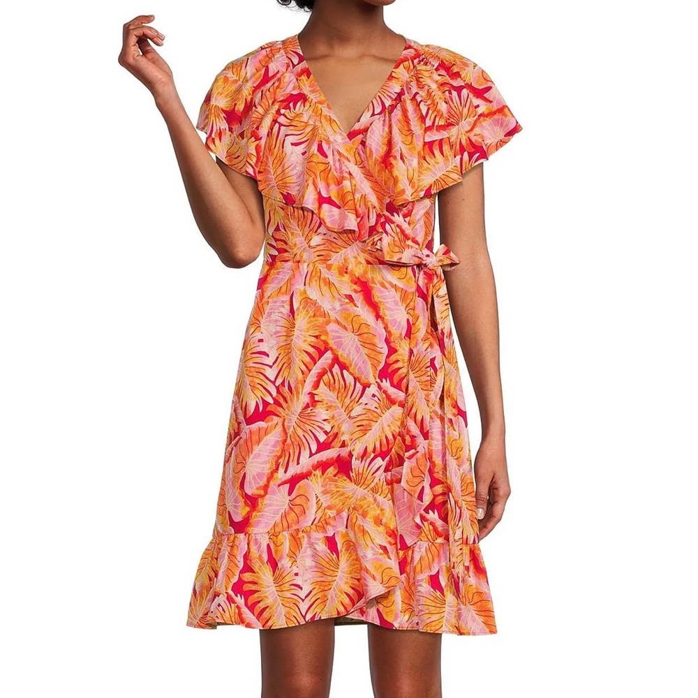 Gibson Latimer Floral NWT Tropical Tiered Ruffle Collar Wrap Dress Size Medium